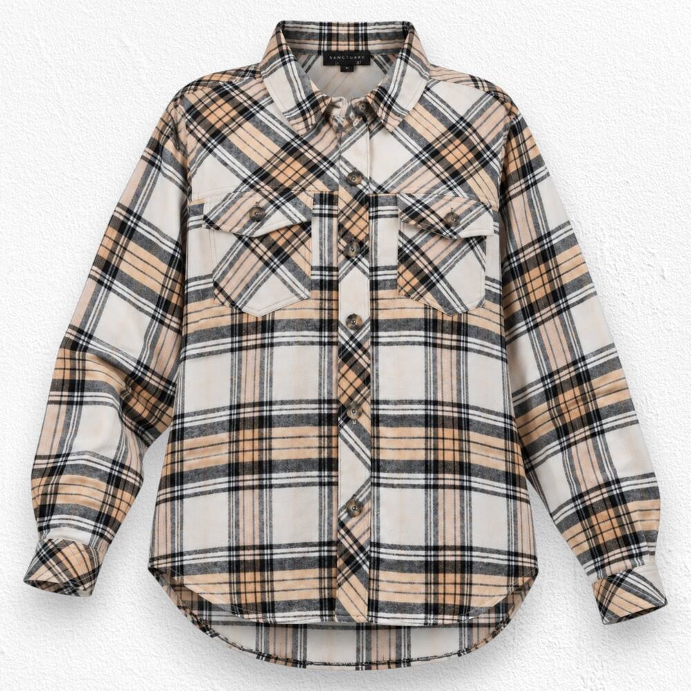 Sanctuary Toffee Beige Black Plaid Flannel Oversized Cotton Shacket Size Large
